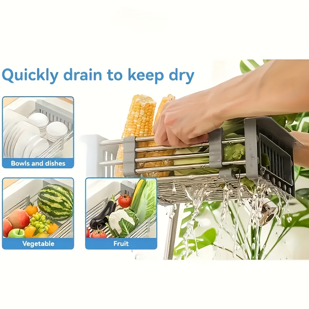 Expansion Sink Drain Basket - Retractable Stainless Steel Dish Rack for Kitchen, Lightweight & Compact, Ideal for Vegetables, Fruits, and Dishes, Dish Drying Rack for Kitchen Counter