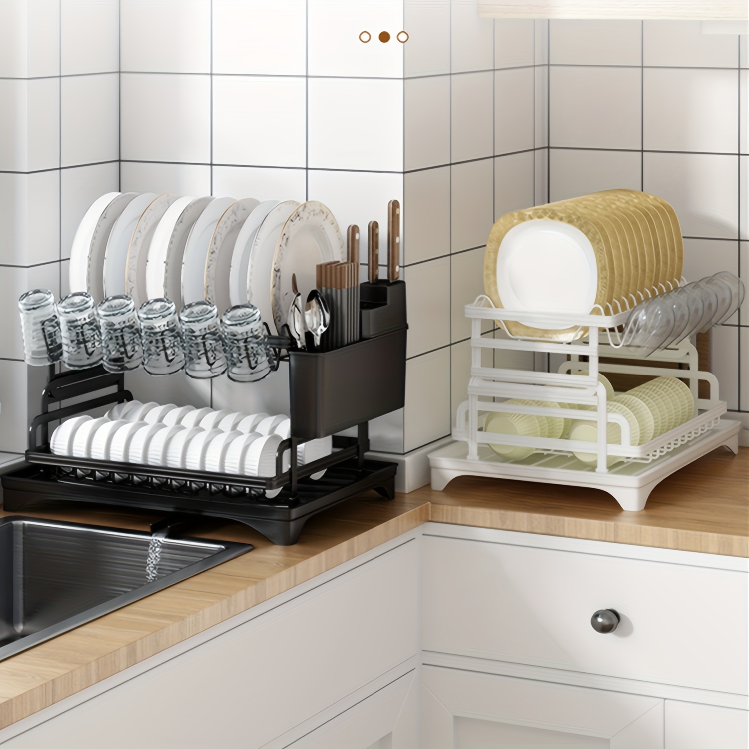 2-Tier Iron Dish Drying Rack with Drainboard and Cutlery Holder, Kitchen Countertop Plate Bowl Organizer, Dish Rack with Knife Block, Glass Holder - Perfect Gift for Women, Wife, Mother's Day Kitchen Gadget