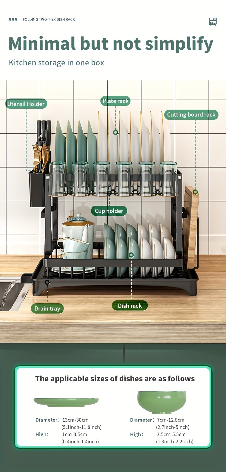 Spacious 2-Tier White Dish Rack with Blue Accents - Multipurpose Kitchen Counter Organizer with Drainboard, Cup Holder & Utensil Slot, Rust-Proof Metal, Space-Saving Design