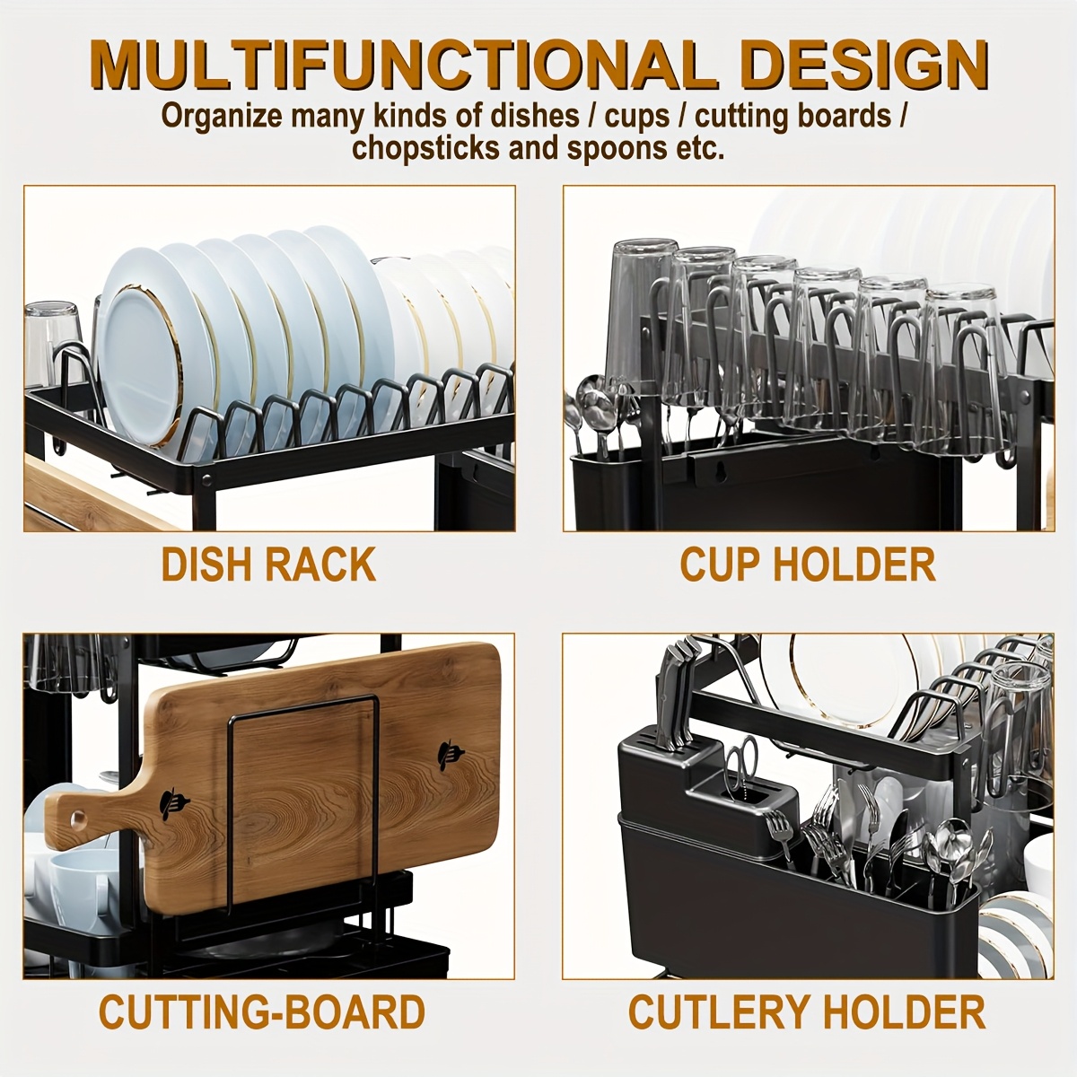 1pc Large Capacity 2-Tier Dish Drying Rack with Drainboard, Double-Layer Bowl & Cup Rack, Detachable Over The Sink Organizer for Kitchen Counter, Black & White - Ideal for Plates, Bowls, Cups & Cutlery Storage, Dish Drying Rack