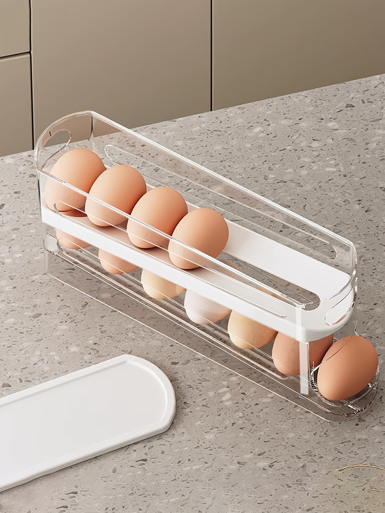 12-14 Eggs Automatic Double-Layer Sliding Egg Storage Container, Hinged Design, Fresh Egg Keeper, Plastic Material, Non-Contact with Food, with Refrigerator Space Saver Egg Rack for Kitchen