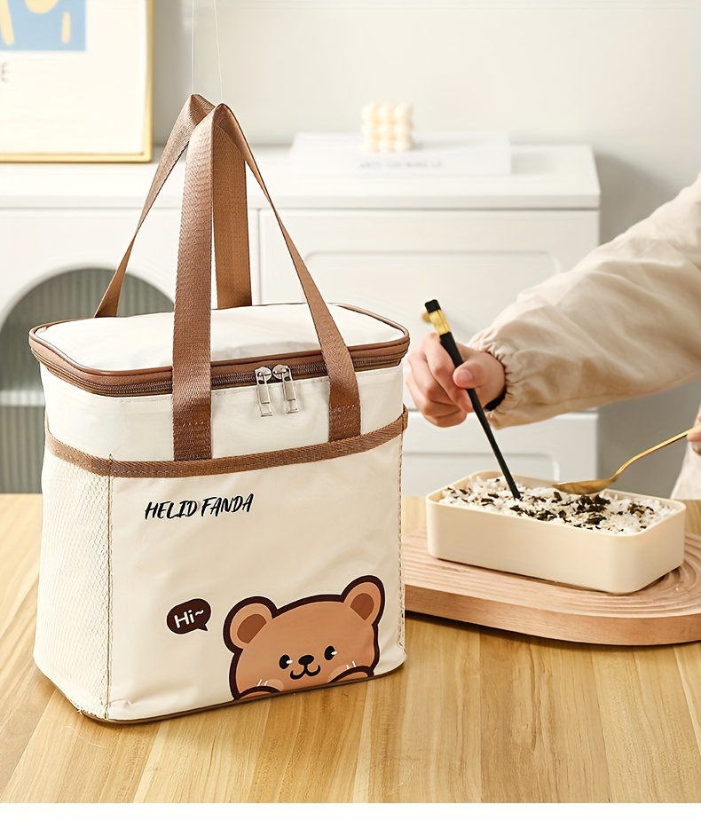 1pc Non-food contact Large Capacity Insulated Lunch Bag - Portable, Dust & Waterproof Bento Box Carrier with Cute Bear Design, Durable Oxford Fabric, Brown Faux Leather Handles & Zipper Closure, Perfect for Students & Adults, Student Lunch Bag | Rectangular Lunch Bag | Durable Lunch Bag