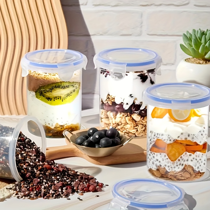 4pcs oat container, with blue sealing ring for leakage prevention, microwave-safe, reusable storage tank, suitable for kitchen coarse grain jars such as yogurt and fruit salad, ideal choice for breakfast and snacks