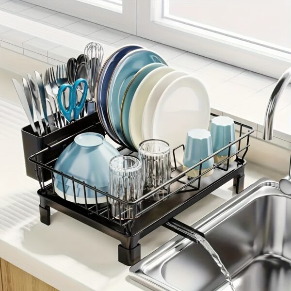 Compact Metal Dish Drying Rack with Utensil Holder and Drain Spout, Space-Saving Small Dish Drainer for Kitchen Counter or Sink, Ideal for RV and Small Apartment