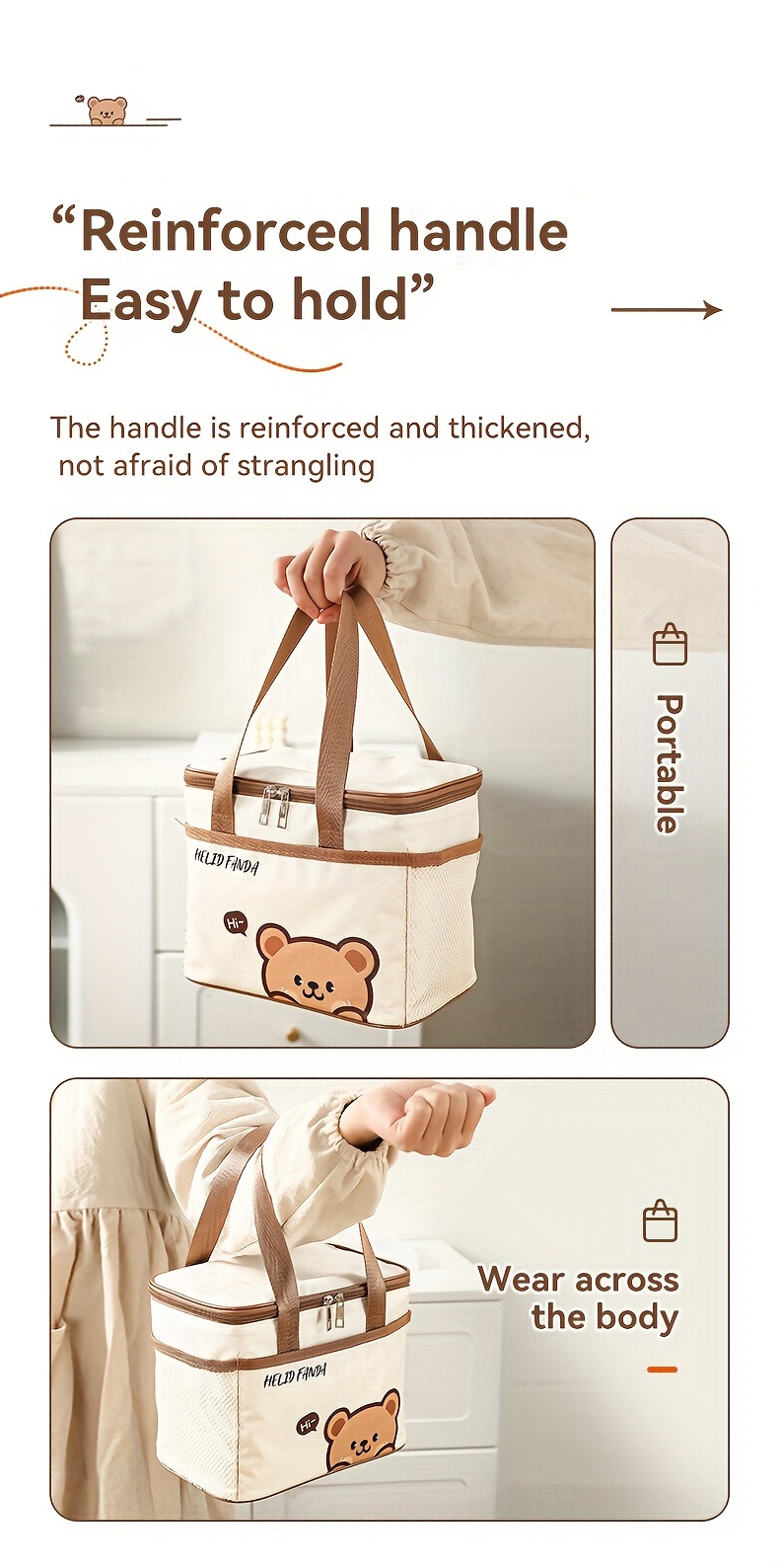 1pc Non-food contact Large Capacity Insulated Lunch Bag - Portable, Dust & Waterproof Bento Box Carrier with Cute Bear Design, Durable Oxford Fabric, Brown Faux Leather Handles & Zipper Closure, Perfect for Students & Adults, Student Lunch Bag | Rectangular Lunch Bag | Durable Lunch Bag