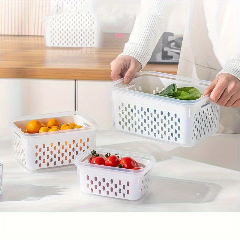 1-Set Stackable Refrigerator Food Storage Organizer with Drain Basket - Clear, Reusable Polypropylene Bins for Fruits, Vegetables, Meats, and Grains - Kitchen Organization Accessories, Produce Saver|Clear Basket|Reusable Container