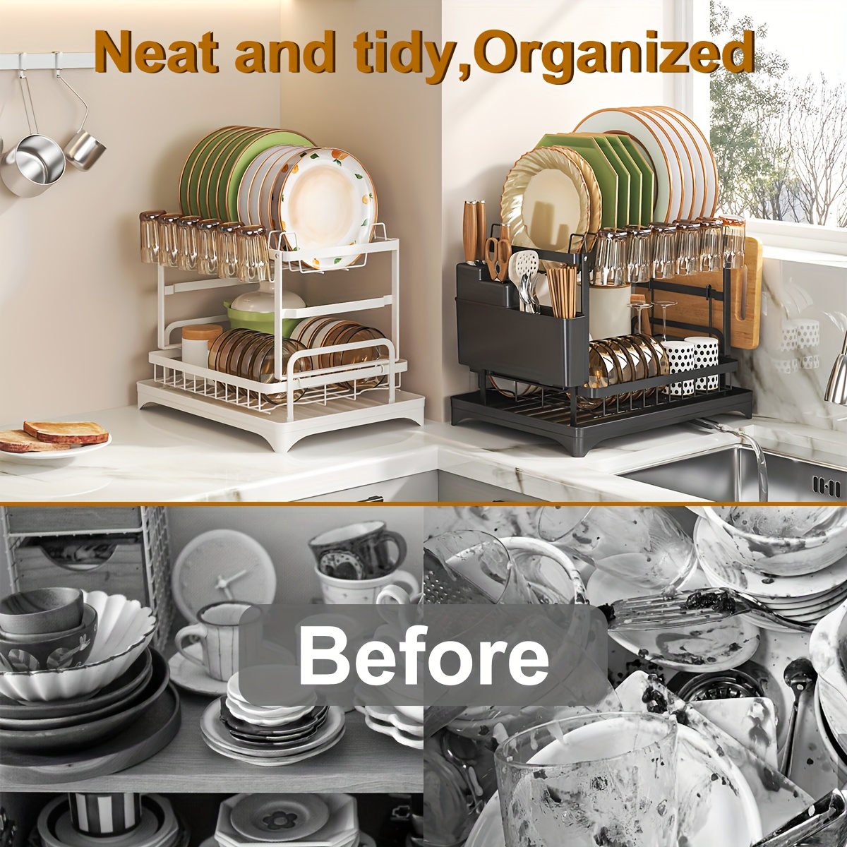 1pc Large Capacity 2-Tier Dish Drying Rack with Drainboard, Double-Layer Bowl & Cup Rack, Detachable Over The Sink Organizer for Kitchen Counter, Black & White - Ideal for Plates, Bowls, Cups & Cutlery Storage, Dish Drying Rack