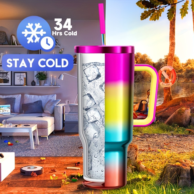 Meoky 1pc, Tumbler With Lid And Straw, 40oz Stainless Steel Insulated Water Bottle With Handle, Gift Drinking Cups, Keeps Cold For 24 Hours Or Hot For 10 Hours, Portable Suitable For Outdoor Camping, Hiking, Driving, And Car Travel