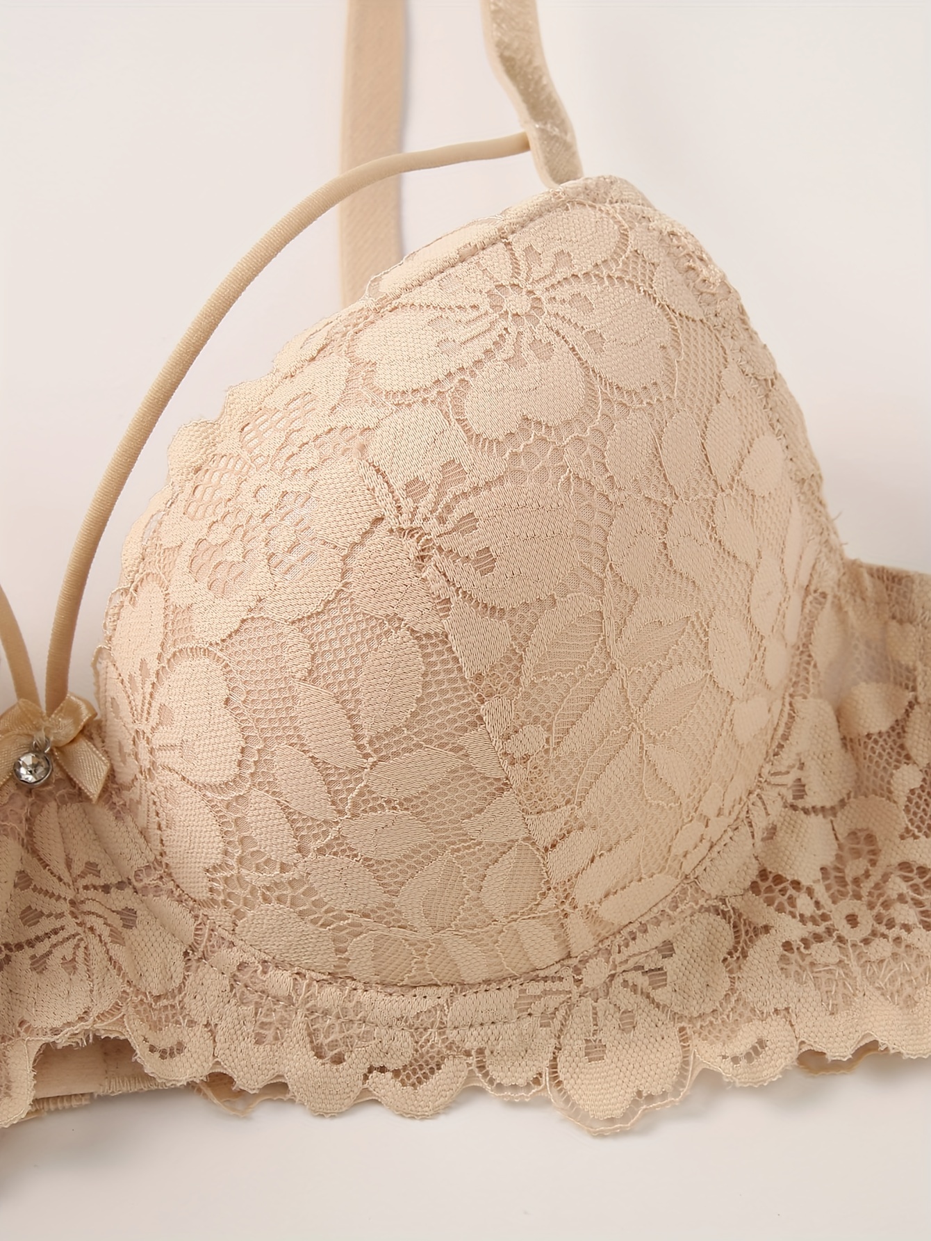 Women's Sexy Lace Bra with Underwire - Floral Lace Front, Thin Comfort Cups, Bow Accents & Adjustable Straps - Breathable Soft Pink Non-Removable Padding for Everyday & Special Occasions