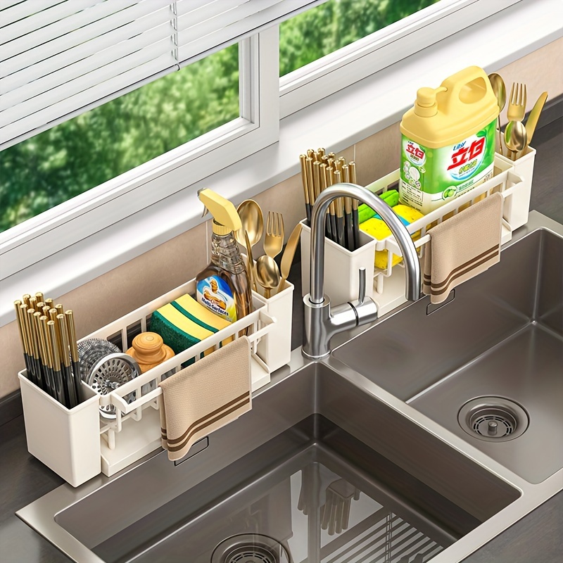 Kitchen Towel Rack Plastic Material Sink Drainer Basket Countertop Multi-Functional Sponge Holder Dish Soap Storage Rack Kitchen Drainage Organizer Steel Wire Ball Dish Basin Storage Shelf