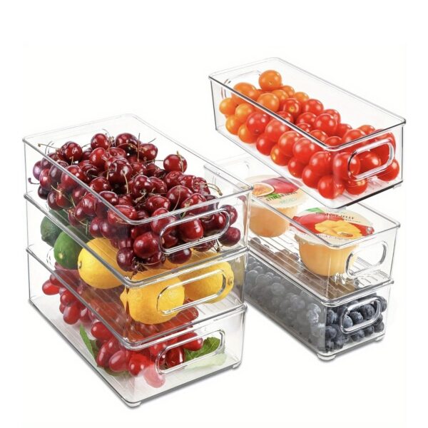 2/4/6pcs Refrigerator Stackable Space-Saving Organizer Bins, Fridge Transparent Bins with Handles, Kitchen Organizer Fruit Container, for Freezer, Pantry, Cabinets, Drawer And Shelves, Kitchen Supplies