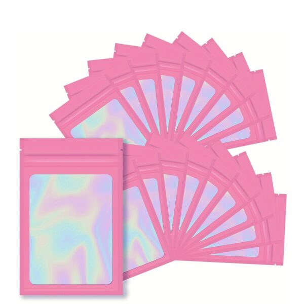 100pcs Colorful Holographic Reusable Sealed Self-Sealing Bags, Aluminum Foil Polyester Film, Flat Transparent Window, Portable Storage Bag, Multi-Size Jewelry Cosmetic Party Supplies Accessories Organizer, 3 Sizes Available
