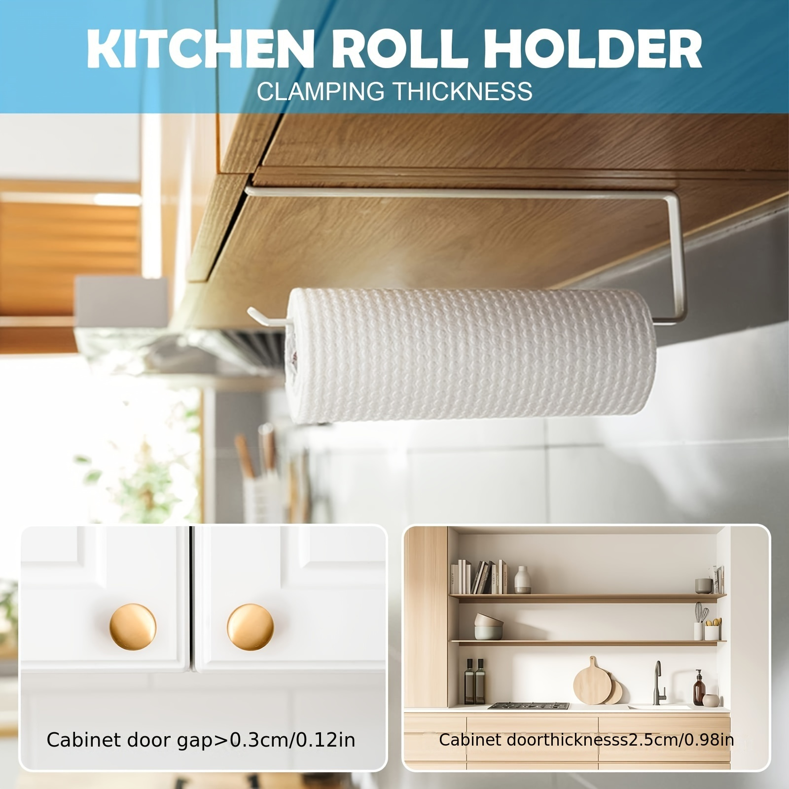 1pc Under Cabinet Kitchen Roll Holder, No Drilling Required, Space Saving, Modern Stainless Steel Paper Towel Rack, Durable Wrought Iron, Thickened Flat Wire With Rounded Edges & Tall Hook Design