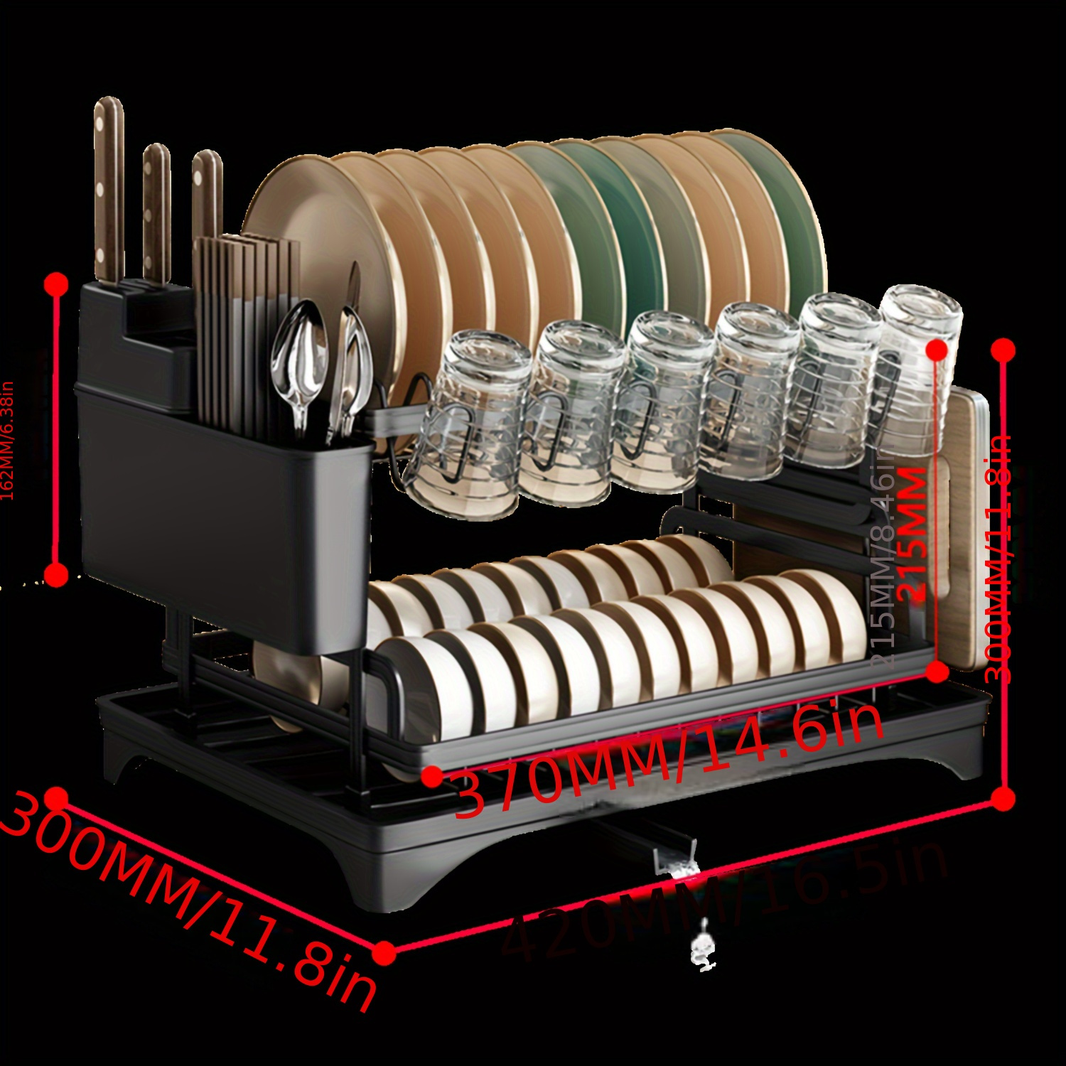 2-Tier Iron Dish Drying Rack with Drainboard and Cutlery Holder, Kitchen Countertop Plate Bowl Organizer, Dish Rack with Knife Block, Glass Holder - Perfect Gift for Women, Wife, Mother's Day Kitchen Gadget
