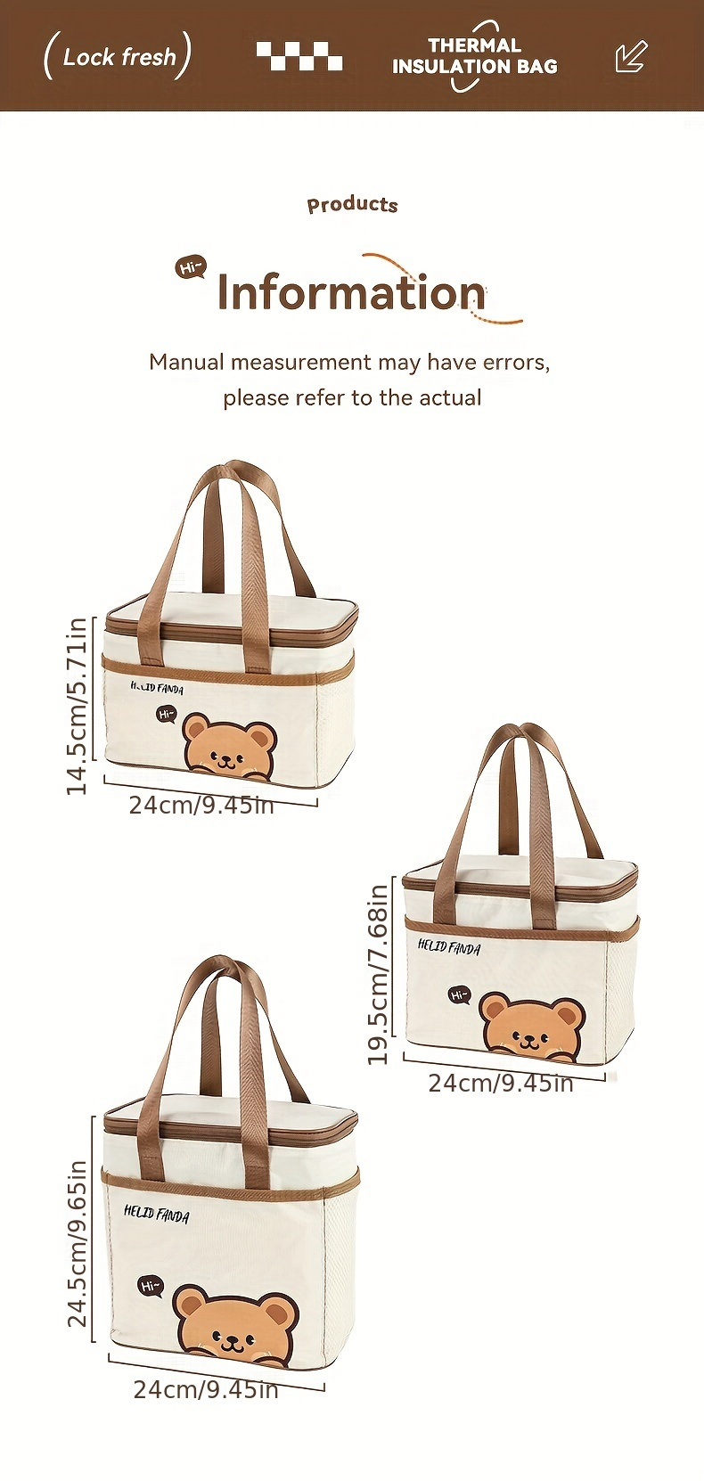 1pc Non-food contact Large Capacity Insulated Lunch Bag - Portable, Dust & Waterproof Bento Box Carrier with Cute Bear Design, Durable Oxford Fabric, Brown Faux Leather Handles & Zipper Closure, Perfect for Students & Adults, Student Lunch Bag | Rectangular Lunch Bag | Durable Lunch Bag