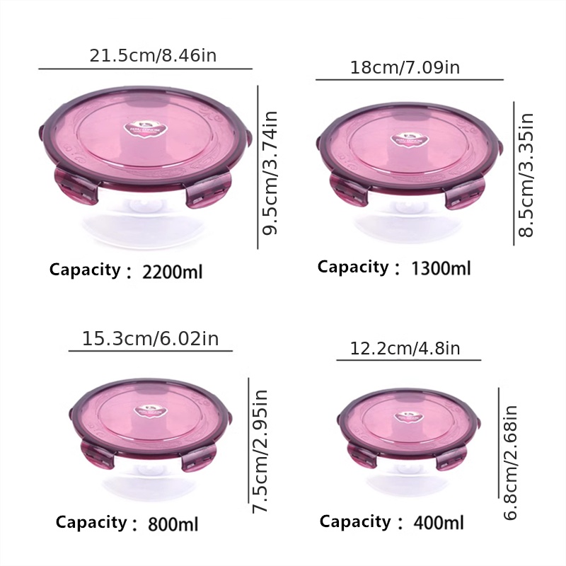 Kitchen plastic convenience box/circular plastic lunch box/refrigerator food storage sealed box, green/red, 2200ml/1300ml/800ml/400ml 4pcs set, can be heated in the microwave, can be refrigerated in the refrigerator