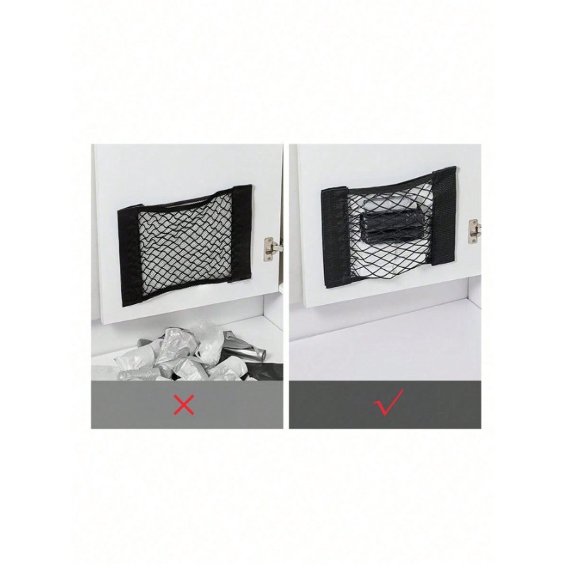 1pc Adhesive Wall-Mounted Storage Net Bag - No Drill Needed, Durable Polyester Mesh Organizer with Strong Adhesive Strips for Kitchen Cabinet Door, Car Trunk, Under Sink Organization - Holds Plastic Bags, Snacks, Tools