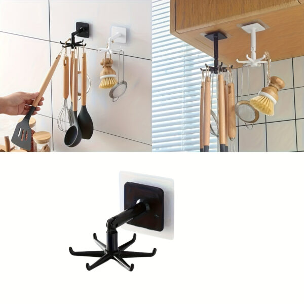 1pc Easy-Install 360° Rotating Pot Rack - No-Drill, Wall-Mounted, Expandable Black Plastic Kitchen Utensil Holder with Round Ceiling Storage Shelf for Spoons, Ladles & More