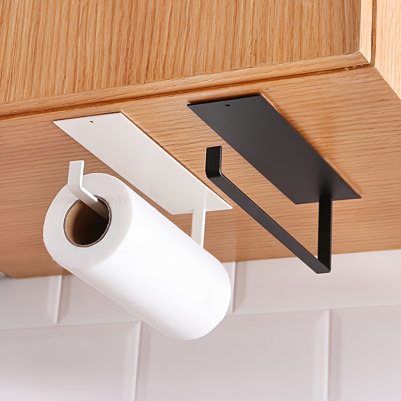 1pc Hanging Paper Towel Holder, Kitchen Cabinet Cupboard Under Shelf Storage Paper Towel Roll Holder Dispenser, Free Punching Wrought Iron Napkins Plastic Wrap Rag Cling Film Storage Rack, Home Kitchen Supplies