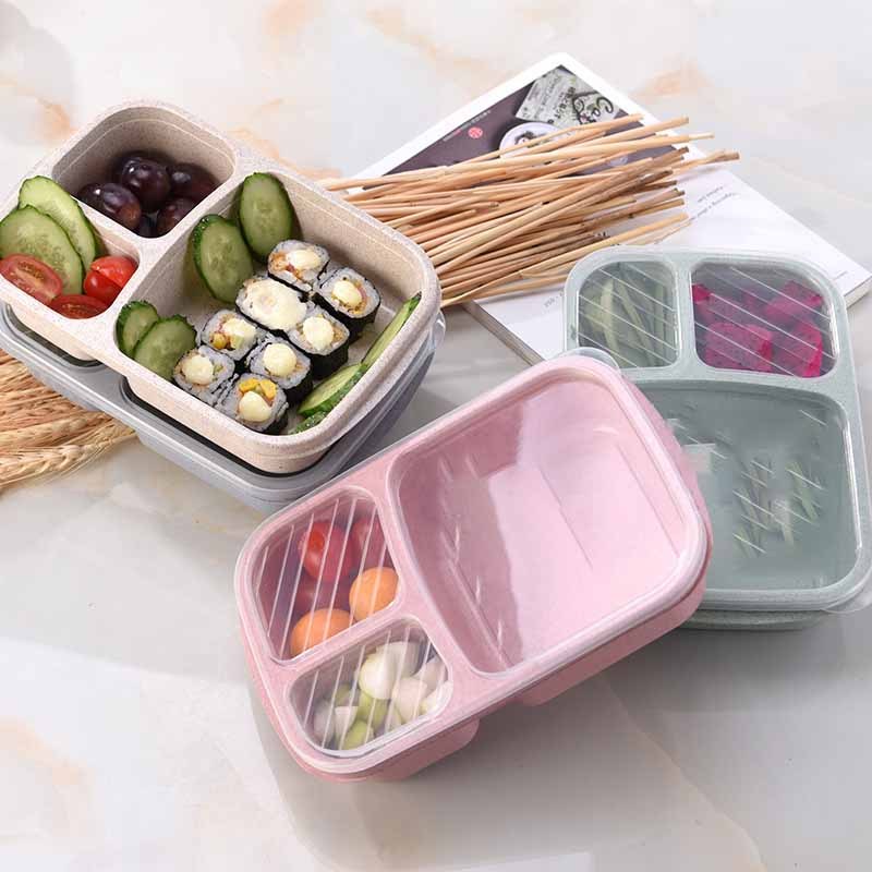 1pc Reusable 3-Compartment Meal Prep Bento Lunch Boxes for School Wheat Straw food Containers - Image 2
