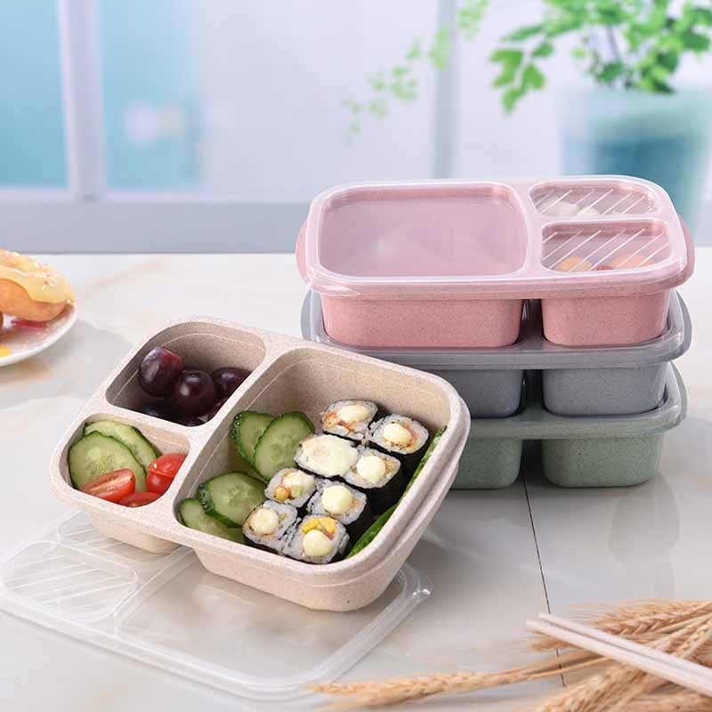 1pc Reusable 3-Compartment Meal Prep Bento Lunch Boxes for School Wheat Straw food Containers - Image 6