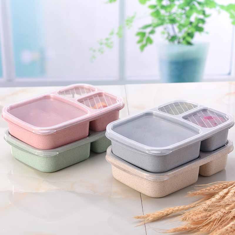 1pc Reusable 3-Compartment Meal Prep Bento Lunch Boxes for School Wheat Straw food Containers - Image 3