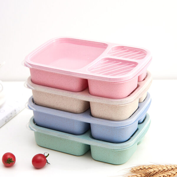 1pc Reusable 3-Compartment Meal Prep Bento Lunch Boxes for School Wheat Straw food Containers