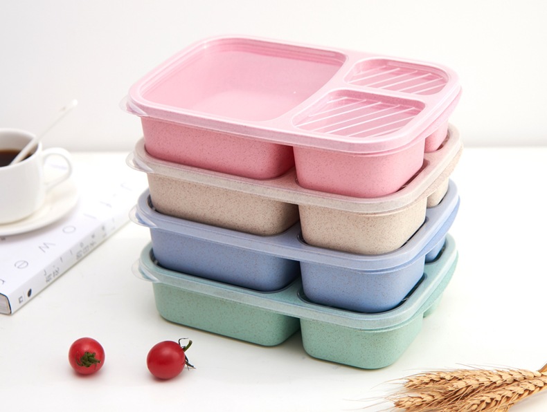 1pc Reusable 3-Compartment Meal Prep Bento Lunch Boxes for School Wheat Straw food Containers