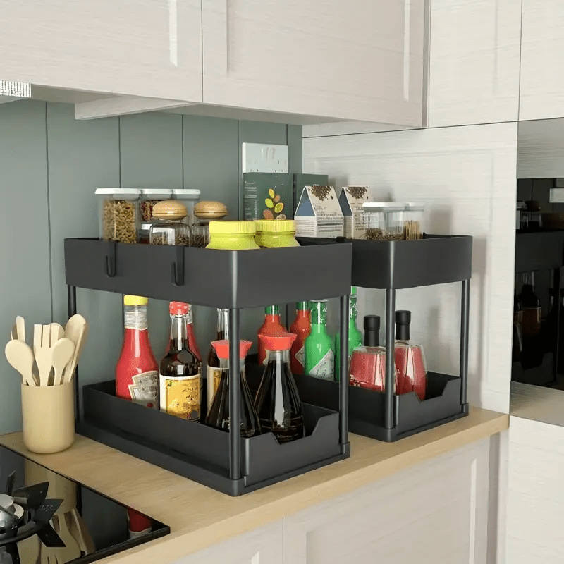 1pc Under Sink Organizer With Sliding Drawer, 2-Tier Sliding Cabinet Basket, Bathroom Kitchen Cabinet Organizer With Hooks, Storage Cup, Home Kitchen Accessories - Image 6