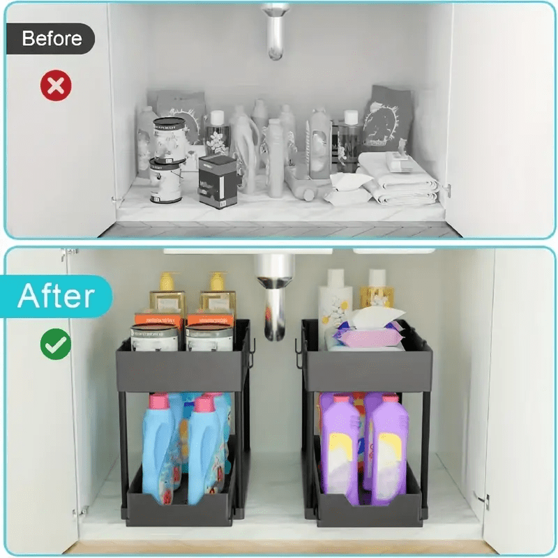 1pc Under Sink Organizer With Sliding Drawer, 2-Tier Sliding Cabinet Basket, Bathroom Kitchen Cabinet Organizer With Hooks, Storage Cup, Home Kitchen Accessories - Image 7