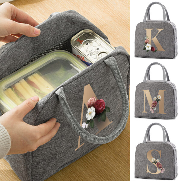 Insulated Lunch Bag with Golden Lettering & Floral Design - Gray Canvas Thermal Tote for School, Travel, and Picnics - Keeps Food Warm or Cold - Hand Wash Only, Lunch Box