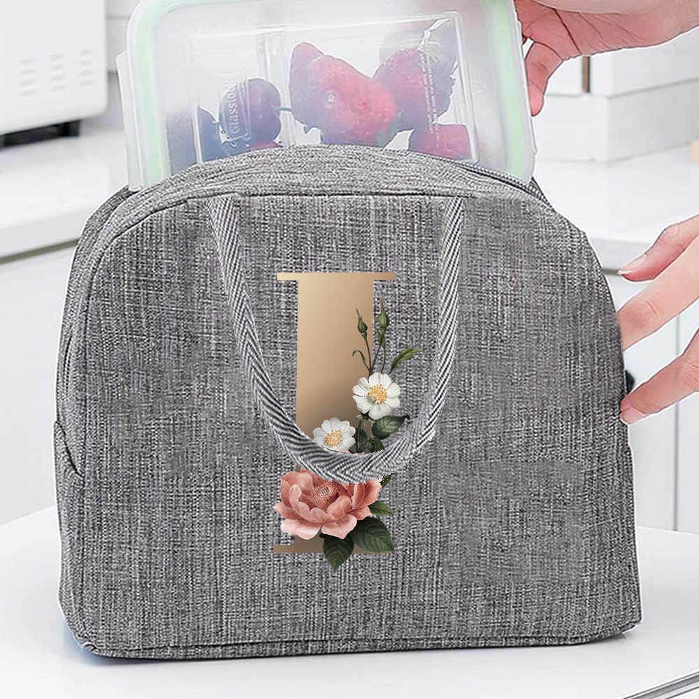 Insulated Lunch Bag with Golden Lettering & Floral Design - Gray Canvas Thermal Tote for School, Travel, and Picnics - Keeps Food Warm or Cold - Hand Wash Only, Lunch Box