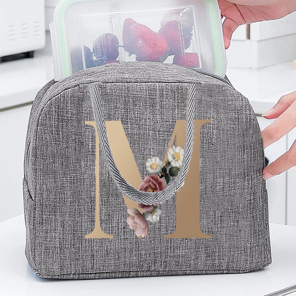 Insulated Lunch Bag with Golden Lettering & Floral Design - Gray Canvas Thermal Tote for School, Travel, and Picnics - Keeps Food Warm or Cold - Hand Wash Only, Lunch Box