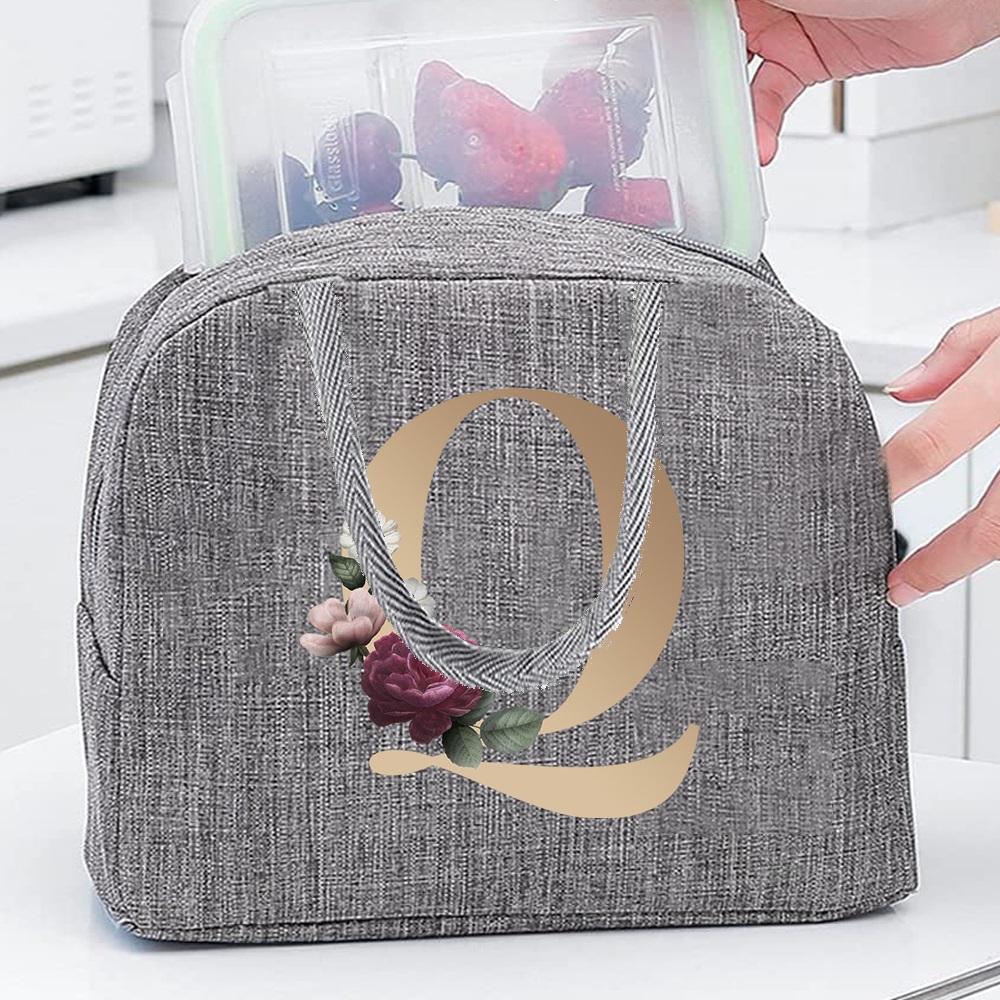 Insulated Lunch Bag with Golden Lettering & Floral Design - Gray Canvas Thermal Tote for School, Travel, and Picnics - Keeps Food Warm or Cold - Hand Wash Only, Lunch Box