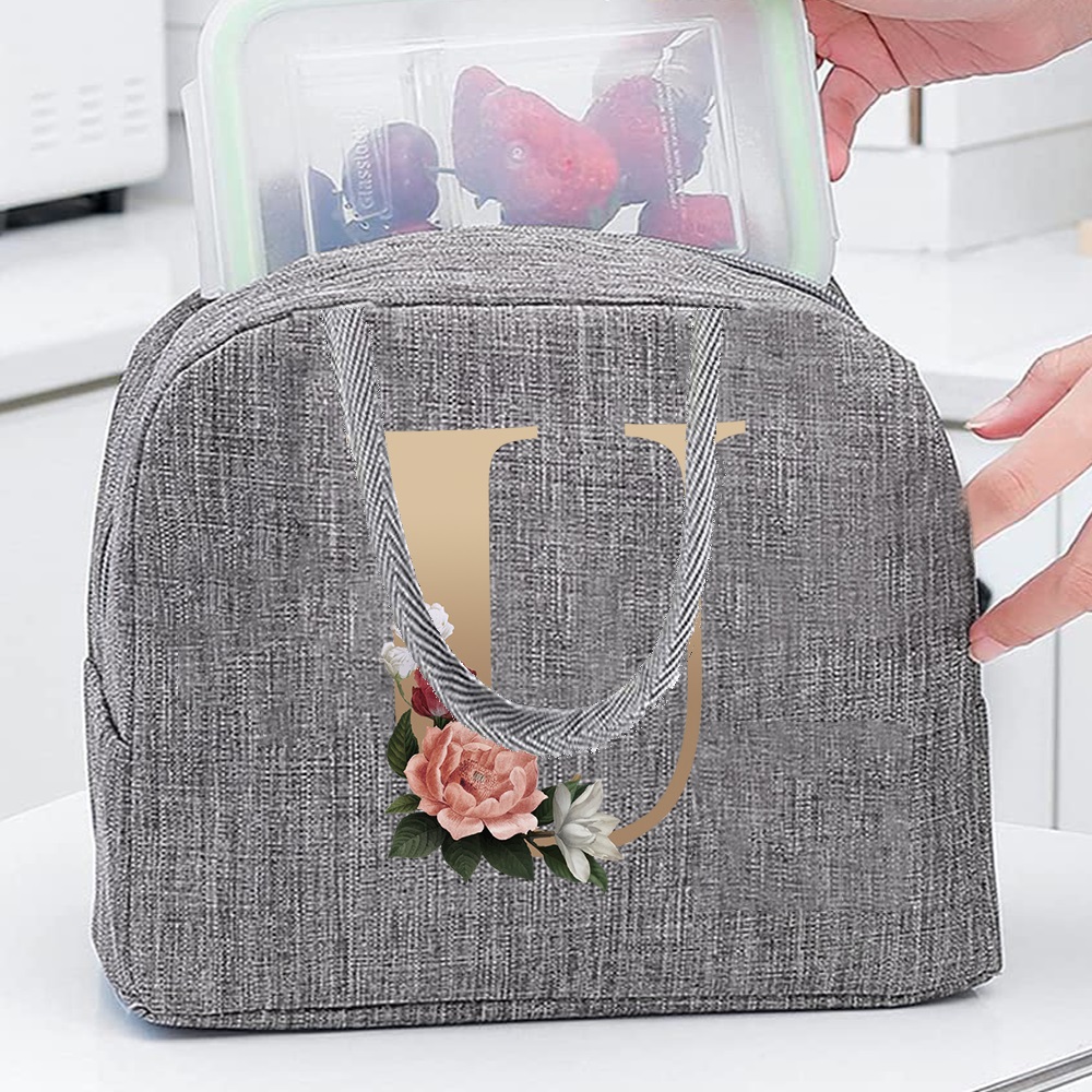 Insulated Lunch Bag with Golden Lettering & Floral Design - Gray Canvas Thermal Tote for School, Travel, and Picnics - Keeps Food Warm or Cold - Hand Wash Only, Lunch Box