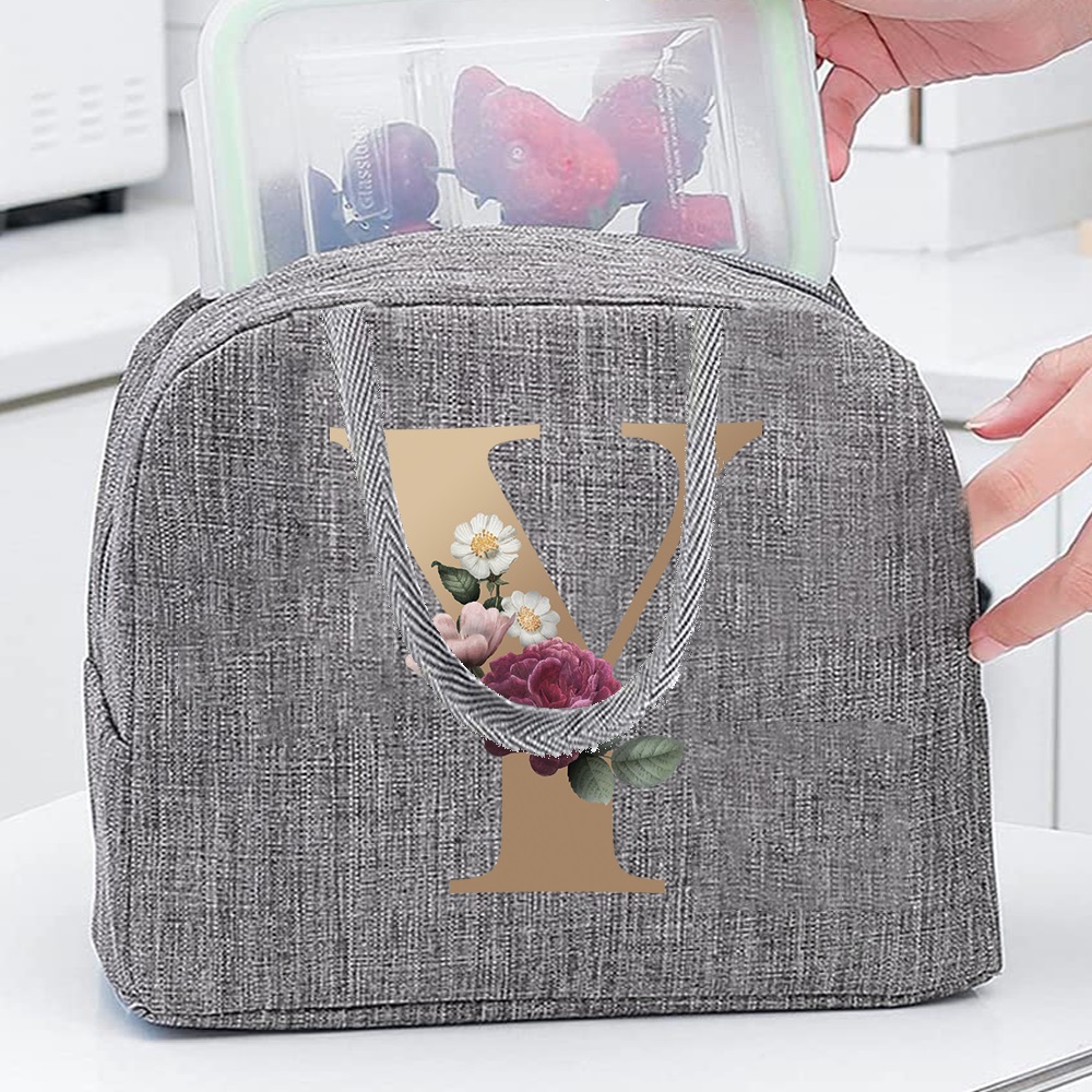 Insulated Lunch Bag with Golden Lettering & Floral Design - Gray Canvas Thermal Tote for School, Travel, and Picnics - Keeps Food Warm or Cold - Hand Wash Only, Lunch Box