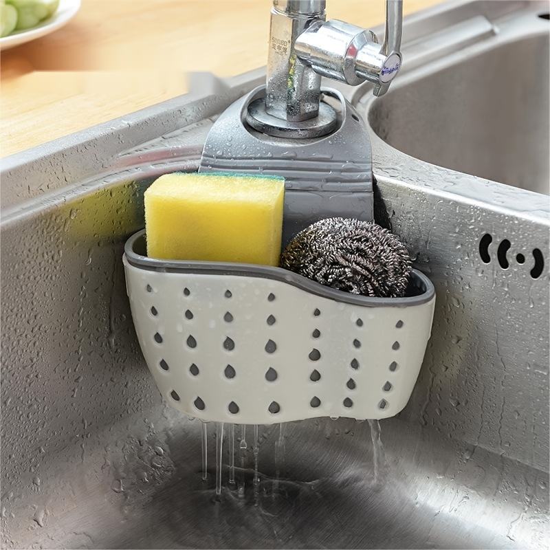 Adjustable Snap-On Kitchen Sink Organizer - White Plastic Hanging Drain Basket for Sponges, Scrubbers & Cleaning Tools, Space-Saving Countertop Storage with Perforated Design, Kitchen Sink Accessories, Sponge Holder for Kitchen Sink, Perforated Design, Durable Plastic