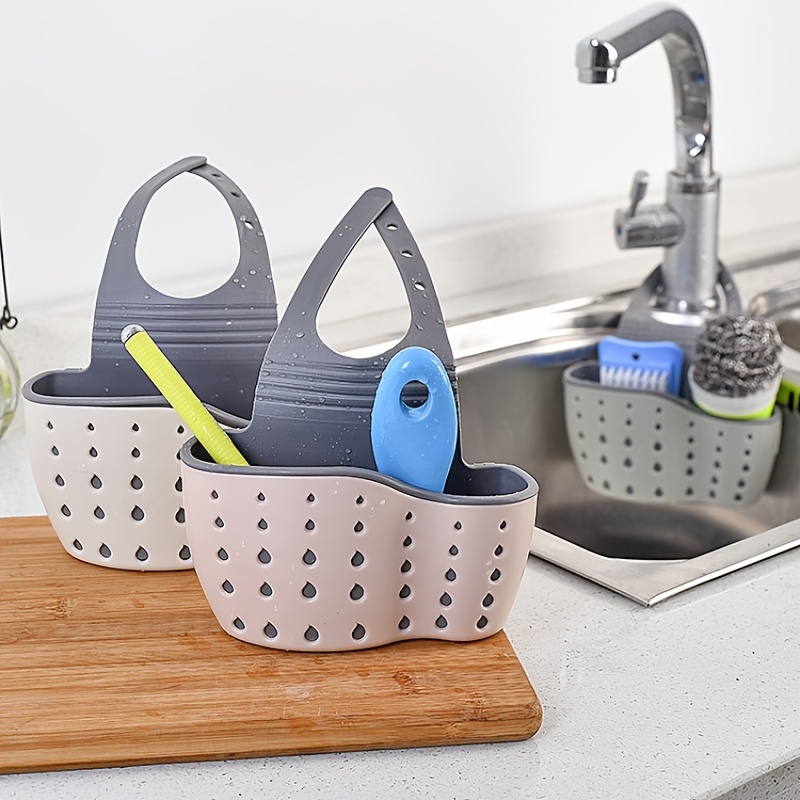 Adjustable Snap-On Kitchen Sink Organizer - White Plastic Hanging Drain Basket for Sponges, Scrubbers & Cleaning Tools, Space-Saving Countertop Storage with Perforated Design, Kitchen Sink Accessories, Sponge Holder for Kitchen Sink, Perforated Design, Durable Plastic