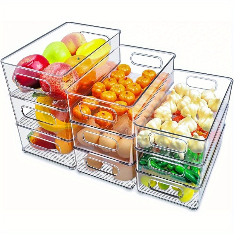 2/4pcs Lachesis Stackable Refrigerator Organizer Bins, Fridge Clear Bins with Handles Kitchen Organizer Fruit Container for Freezer, Pantry, Cabinets, Drawer, Shelves, Plastic Storage Bins 9pcs