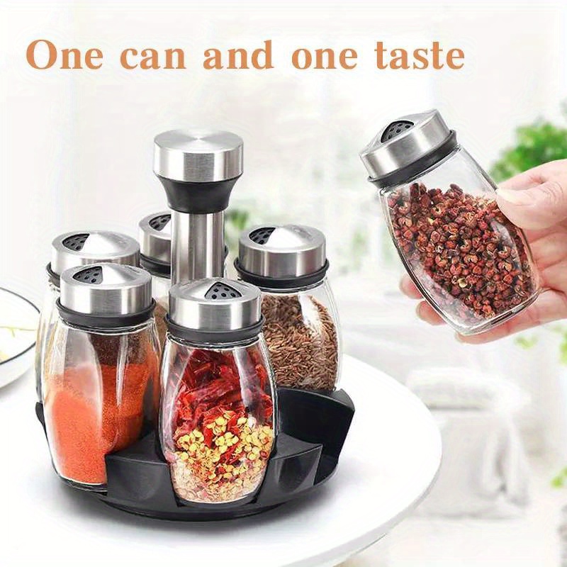 7pcs/set Spice Jar Set Rack Glass Organizer Rotating Glass Seasoning Sugar Pepper Bottles Salt Shakers Holder Kitchen Storage Rack