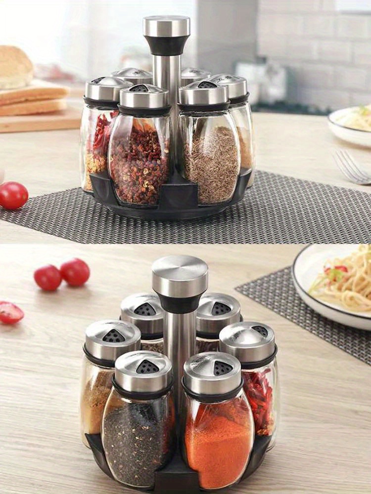 7pcs/set Spice Jar Set Rack Glass Organizer Rotating Glass Seasoning Sugar Pepper Bottles Salt Shakers Holder Kitchen Storage Rack