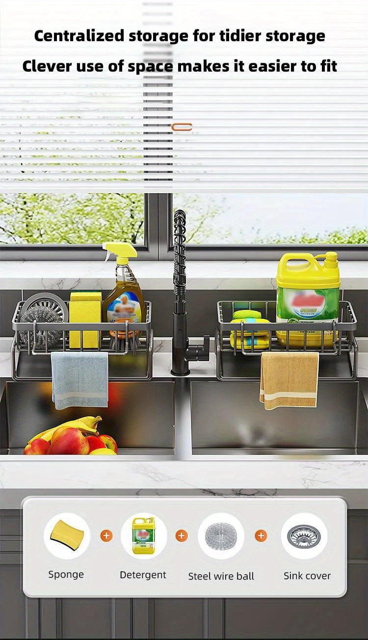 1pc Stainless Steel Sink Caddy Organizer with Drain Rack and Dishcloth Holder - Rust-Resistant, No Electricity Needed, Countertop Storage for Sponges, Soap, Brushes, and Rags, Kitchen Sink Accessories