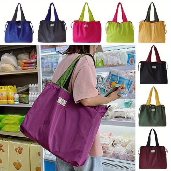 Durable PVC Tote Bag with Folding Drawstring Design - High-Quality, Reusable Shopping Bag in Vibrant Colors (Blue, Green, Pink, Yellow, Purple) - Perfect for Groceries, Travel & Everyday Use