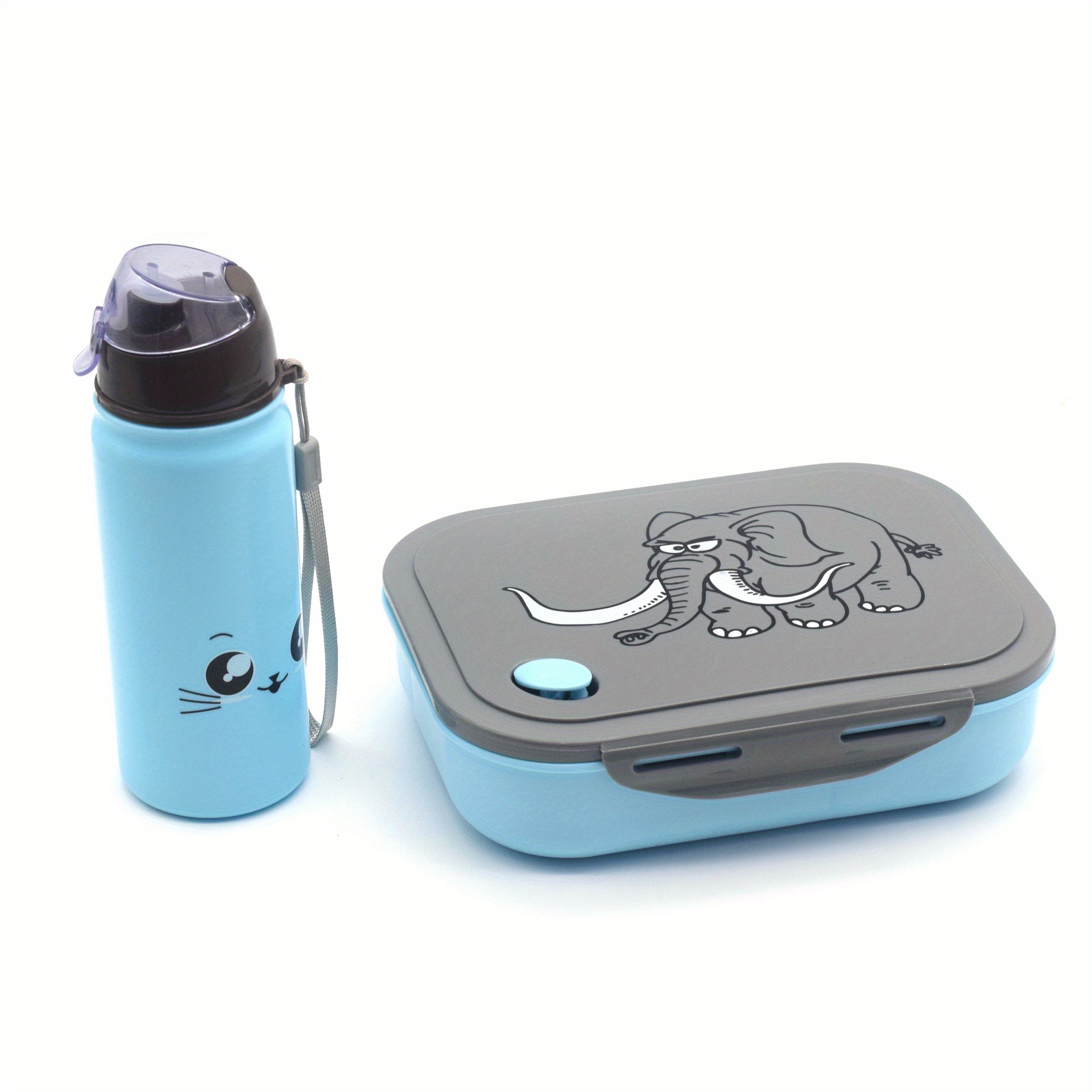 Insulated Lunch Box with Water Bottle - 4-Compartment Microwave-Safe Food Container, Food-Grade PP Bento Box with Cute Elephant Design, Portable Rectangular Lunch Tote for School, Work, Outdoor (Light Blue & Pink),back to school - Image 3