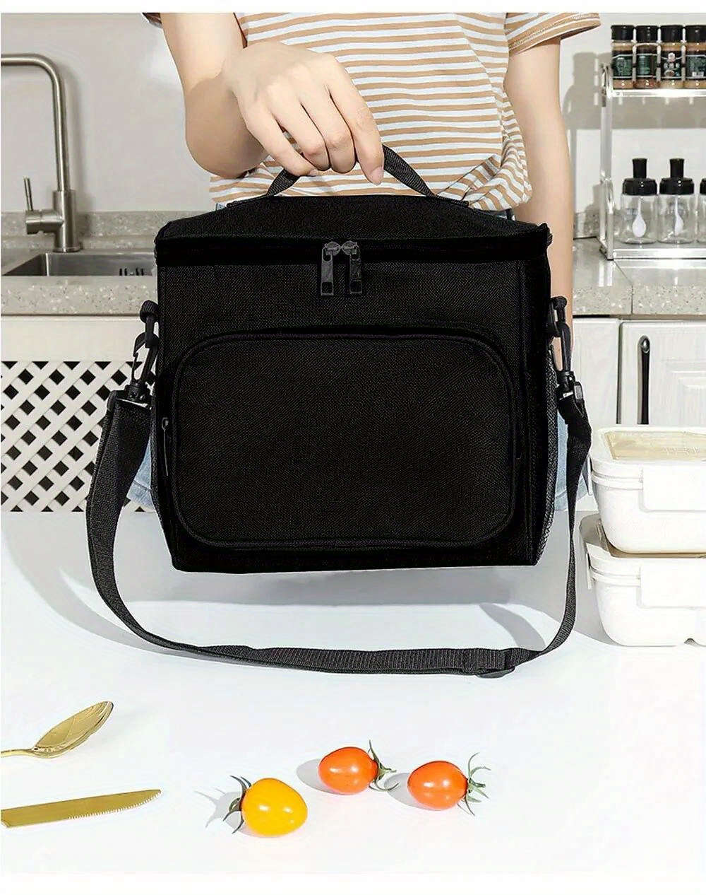 Non-Food Contact, Large Insulated Lunch Bag with Adjustable Shoulder Strap - Durable Polyester, Leak-Proof Design, Multiple Compartments for Work, School, Travel - Perfect for Packing Salads, Sandwiches, Fruits & More, Lunch Bag Insulated, School Meal Carrier, Modern Lunch Bag, Secure Zipper Closure,Back to School