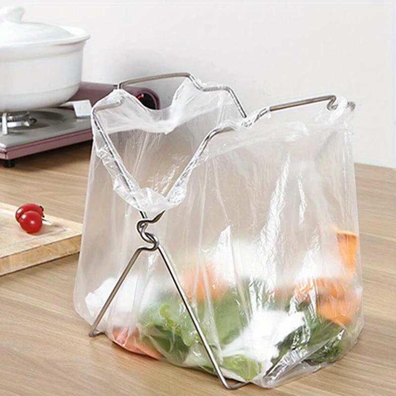 1pc Plastic Bag Holder, Stainless Steel Garbage Bag Rack Stand, Portable Foldable Hanging Holder, For Kitchen Counter, Kitchen Organizers And Storage, Kitchen Accessories