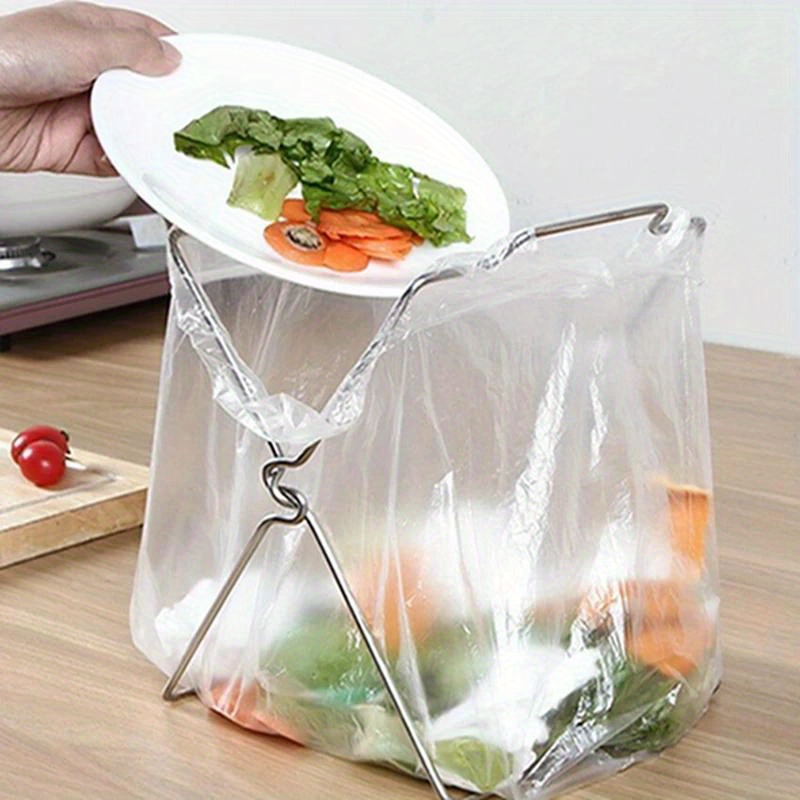 1pc Plastic Bag Holder, Stainless Steel Garbage Bag Rack Stand, Portable Foldable Hanging Holder, For Kitchen Counter, Kitchen Organizers And Storage, Kitchen Accessories