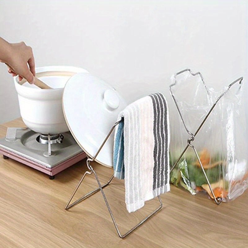 1pc Plastic Bag Holder, Stainless Steel Garbage Bag Rack Stand, Portable Foldable Hanging Holder, For Kitchen Counter, Kitchen Organizers And Storage, Kitchen Accessories