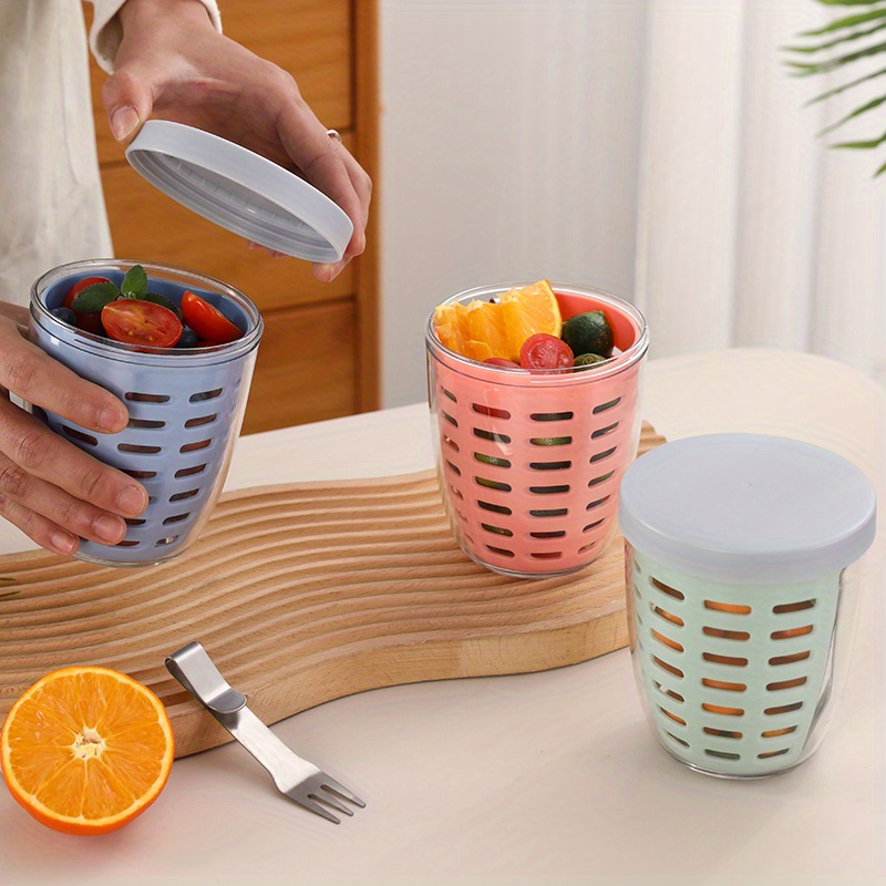 1pc Portable Salad Cup with Fork - Leak-Proof, Large Capacity, Drainable Fresh Fruit Container for Office, School & Outdoor Use, Blue Plastic Picnic Box with Ventilation Holes, Perfect for Tomatoes, Lettuce & Berries, School Salad Box | Stylish Salad Container | Durable Plastic Cup