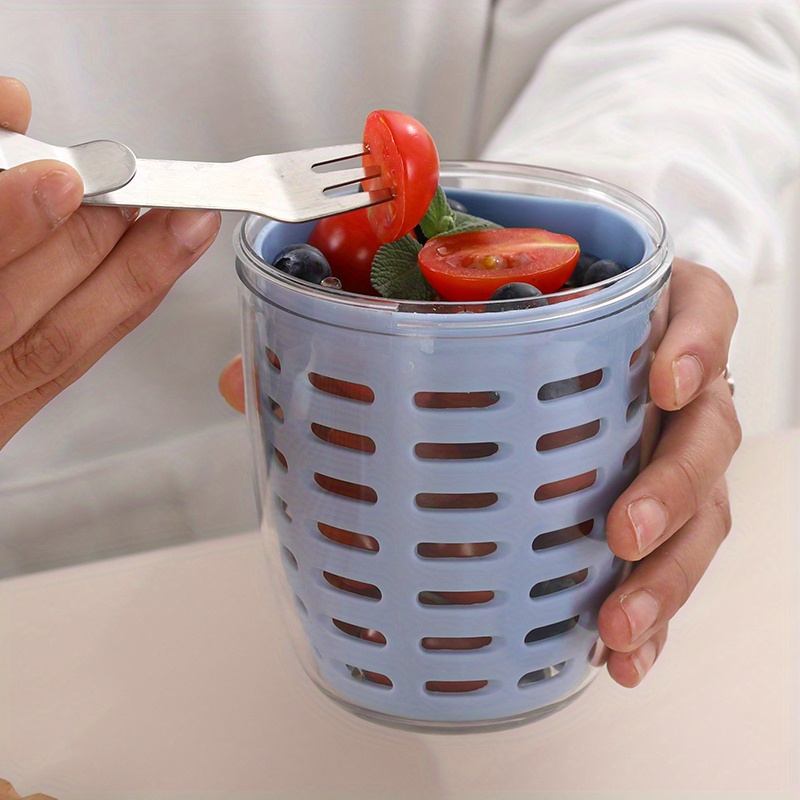 1pc Portable Salad Cup with Fork - Leak-Proof, Large Capacity, Drainable Fresh Fruit Container for Office, School & Outdoor Use, Blue Plastic Picnic Box with Ventilation Holes, Perfect for Tomatoes, Lettuce & Berries, School Salad Box | Stylish Salad Container | Durable Plastic Cup